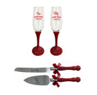 Maroon Glitter Toasting Flutes And Cake Knife Server Set  Wedding Gift