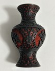 Vtg Chinese Carved Cinnabar Lacquer Vase Black On Red Peony   Blue Enamel 5 25   