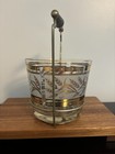 Vintage Mcm Glass Ice Bucket Gold Wheat W  Metal   Wood Handled Caddy