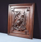 25  Tall Antique French Solid Oak Panel Highly Carved Hunting Theme With Bird