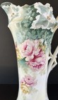 Antique Rs Prussia Porcelain Tankard Pitcher Iris Mold Green With Pink Roses