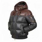 Two Tone Bubble Leather Puffer Jacket Hooded Quilted Bomber Jacket