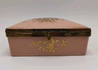 Vtg Antique Pink Porcelain   Brass Hinged Jewelry Trinket Box Gold Gilded Roses