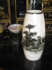 Vintage Small White Ceramic Hand Painted Vase 6  Black Scenery