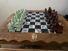 Vintage Chinese Hand Carved Jade Soapstone Chess Set Folding Wooden Case