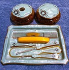 Vintage Bakelite   Celluloid Pearl Green  7  Pc Vanity Set 6 x9 x1  Tray