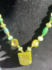 Green Bakelite Carved Pendant Artisan Necklace W semi-precious Stones Ooak