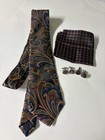 4-piece Formal Set - Multicolor Paisley Silk Tie  Grid Pocket Square   Cufflinks