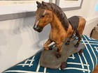 Antique Large Carved Wooden Horse Pull Toy W  Leather Saddle   Cast Iron Wheels