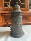 Antique German F   M  Pewter High Relief Lidded Beer Stein 9    