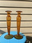 Vintage Mcm Orange Retro Tall Hand Blown Art Glass Candlesticks 11    Set Of 2