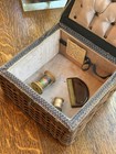 Vintage Mid Century Woven Wicker Sewing Basket Box W  Tufted Satin Lid   Notions