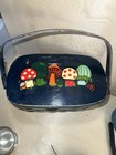 Vintage Wooden Sewing Basket Purse Hinged Top Hand Painted Folk Art Dk Blue