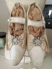 Rare Antique Victorian Edwardian Ivory Kid Leather Wedding Shoes Silk Embellish 