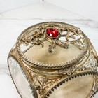 Vintage Ormolu Round Casket Jewelry Box Gold Filigree Beveled Glass Vanity