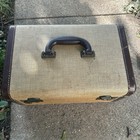 Vintage Tweed Train Case Vanity Makeup Luggage Leather Trim Brass Hardware 1950s