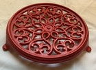 Vintage Cherry Red Enamel Cast Iron 9 Inch Lily Round Trivet
