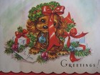1940s Vintage Greeting Card Christmas Puppy Into Greenery  Ribbon  Ornaments