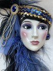Vtg 1980s Clay Art Lady Face Mask Wall Hanging Blue Black Feather Lace Usa 16 