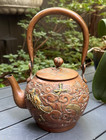 Antique Japanese Meiji Copper Teapot Kettle Twin Dragons Repousse Mixed Metal