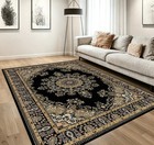 Washable Black Gold Oriental Medallion Area Rug Traditional Carpet Multiple Size