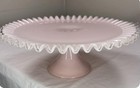 Vtg Fenton Pink Silver Crest Pedastal Cake Stand Milk Glass Ruffled Edge Elegant