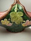 1983 Vtg Haldon Group Majolica Ceramic Basket  Candy Dish Flower green pink