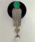 Vintage Art Deco Sterling  Marcasite  Onyx  Malachite   Pearl Dangle Brooch Pin