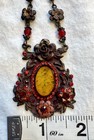 Antique Victorian Painted Glass Floral Necklace Bronze Red Glass Pendant