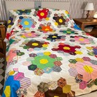 Hand Stitched Quilt Coverlet Grandmother s Groovy Flower Garden Vintage 1970s 