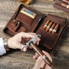 Genuine Leather Passport Cigar Case Travel Humidor Set Cutter Pocket Box Brown