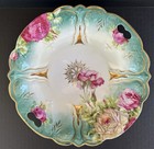 Antique Ps Germany Porcelain Bowl 10 1 2  Teal Blue With Pink Roses