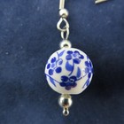 Chinoiserie Porcelain Bead Dangle Earrings Antique Silver Tone Blue White Delft