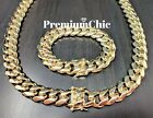 Combo Set Mens Miami Cuban Link Bracelet   Necklace Gold Plated Stainless Steel