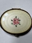 Vintage Evans Yellow Cream Guilloche Enamel Gold Tone Mesh Bottom Powder Compact