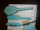 Vtg 1920s Art Deco Turquoise Blue Celluloid Vanity Dresser Set Jars Brushes Buff
