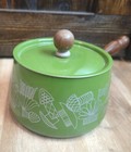 Vtg Fondue Pan Pot Sauce Avocado Green Enamel Lid Wood Handle Mcm Retro Mushroom
