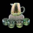 Mcm Cocktail Pitcher 4 Roly Poly Glasses Draping Iridescent Green Optic Barware