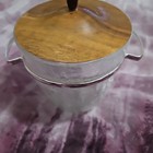 Mid Century Crackled Glass Ice Bucket W Wood Lid   Trivet Barware Silver Handles