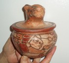 Pre Columbian Early Mayan Aztec Polychrome Jaguar Lidded Bowl Jar Vessel Pot