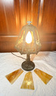 Antique Art Nouveau Spelter Metal 6 Panel Slag Glass Lamp 15 1 2    Tall -works
