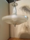   vintage Mcm Art Deco Hanging Light Fixture 3-bulb Etched Glass Atomic Detail