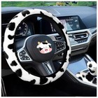  3pcs Furry Cow Print Steering Wheel Cover auto Plush Cute Cows Shift Black