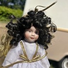 Vintage Angel Doll Metal Stand Black Curly Hair White Dress Wings Porcelain Old