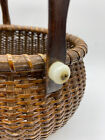 Rare Vintage Wicker Woven Basket W swivel Handle Wood Bottom