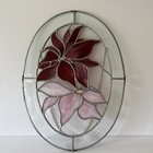 Vtg Stained Glass Poinsettia Pink Flower Oval Suncatcher Window Hanging 15   x 11   