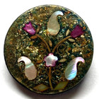 1-1 16  Fabulous 19thc French Horn Button W Dazzling Pearl   Brass Paisley Inlay