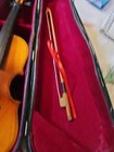 Vtg Miniature Toy Cello   Case Wooden Instrument Black Red Felt Lined Case 7   