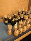 Hand Carved Wood And Bone Vtg Chess Set   32 Piece Set With Chess Board