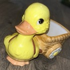 Ceramic Vtg  Yellow Duck Pulling A Flower Wheeled Wagon Planter Trinket Figure